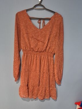 Ardene Rust Paisley Long-Sleeve Tiered Dress